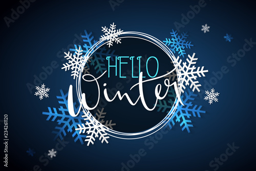 Vector illustration of winter banner template with hand lettering label - hello, winter - with snowflakes