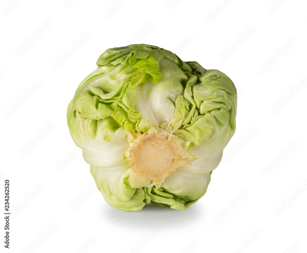 Obraz premium Green cabbage isolated on white background. Healthy food. Cabbage isolated on white. Cabbage close up. Cabbage with copy space for text.