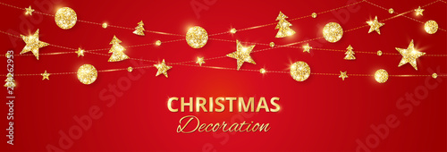 Christmas golden decoration on red background. Holiday vector frame, border.