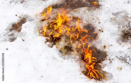 Flame of fire on white snow in winter © schankz