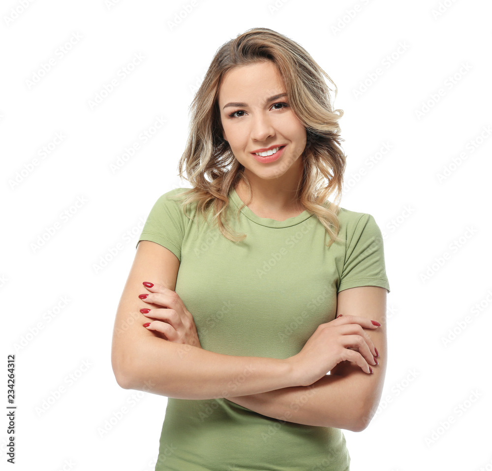 Portrait of beautiful young woman on white background Portrait of beautiful young woman on white background