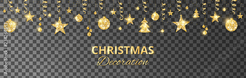 Christmas golden decoration isolated on transparent background. Holiday vector frame, border.