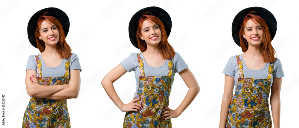 Set of Cool redhead girl with hat posing with arms at hip Set of Cool redhead girl with hat posing with arms at hip