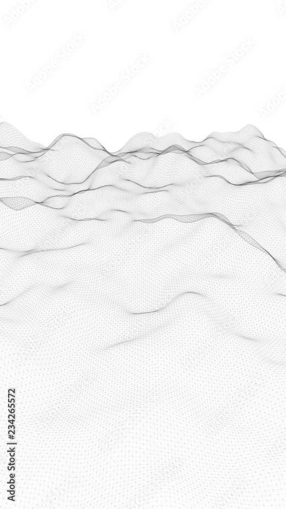 Obraz premium Abstract landscape on a white background. Cyberspace grid. Hi-tech network. Vertical image orientation. 3D illustration