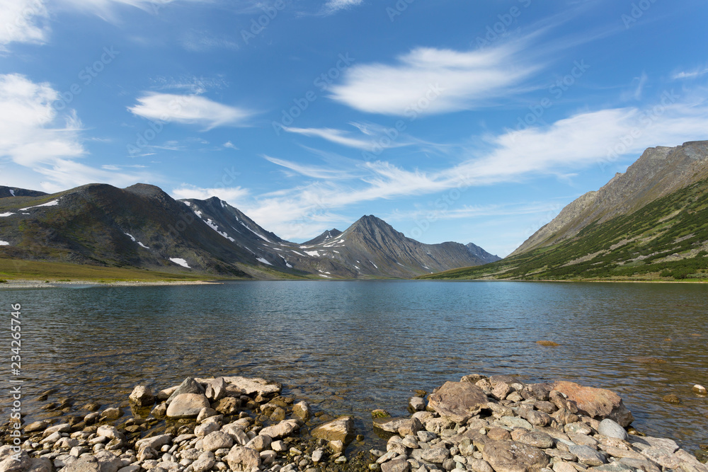 Summer landscape with mountains, Lake Hadata, Polar Urals, Yamal