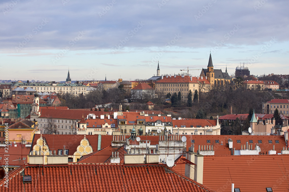 Obraz premium Houses with traditional red roofs in Prague, Czech Republic. View from above