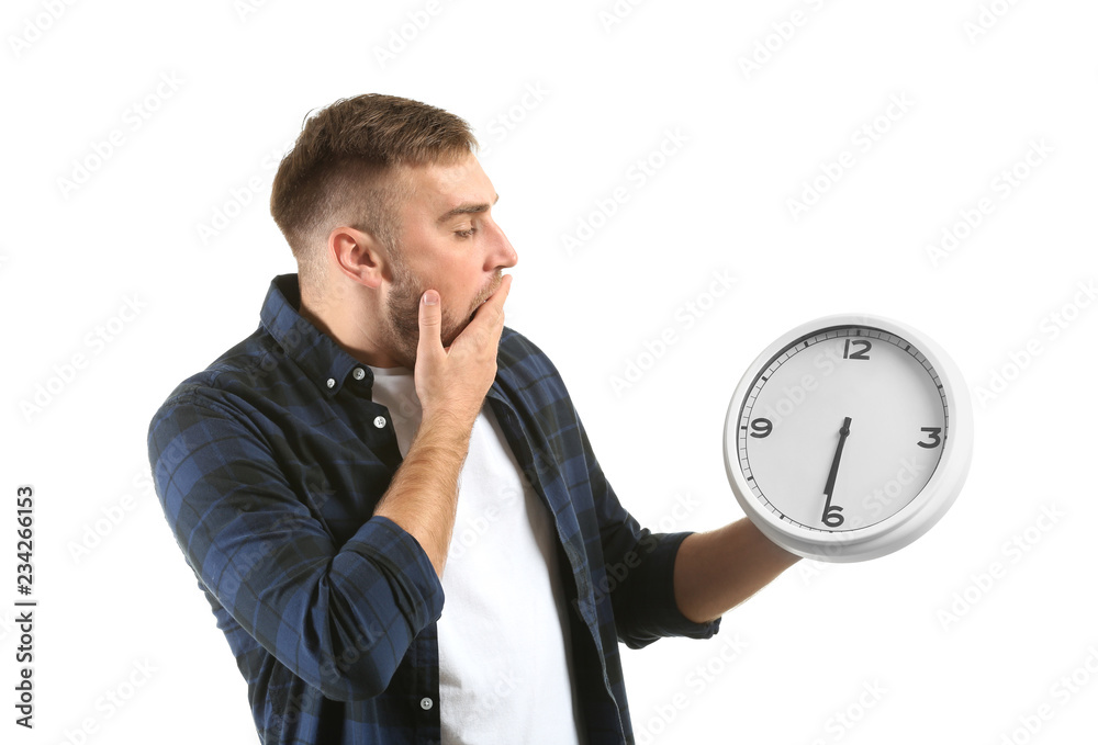 Emotional man with clock on white background Emotional man with clock on white background