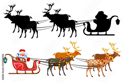 Santa Claus on a sleigh with reindeer, with a handful of gifts. Silhouette of santa claus.