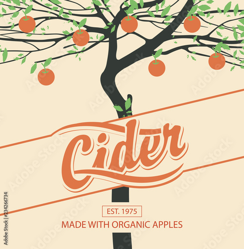 Vector label or banner for apple cider with decorative apple tree and fruit in retro style on beige background