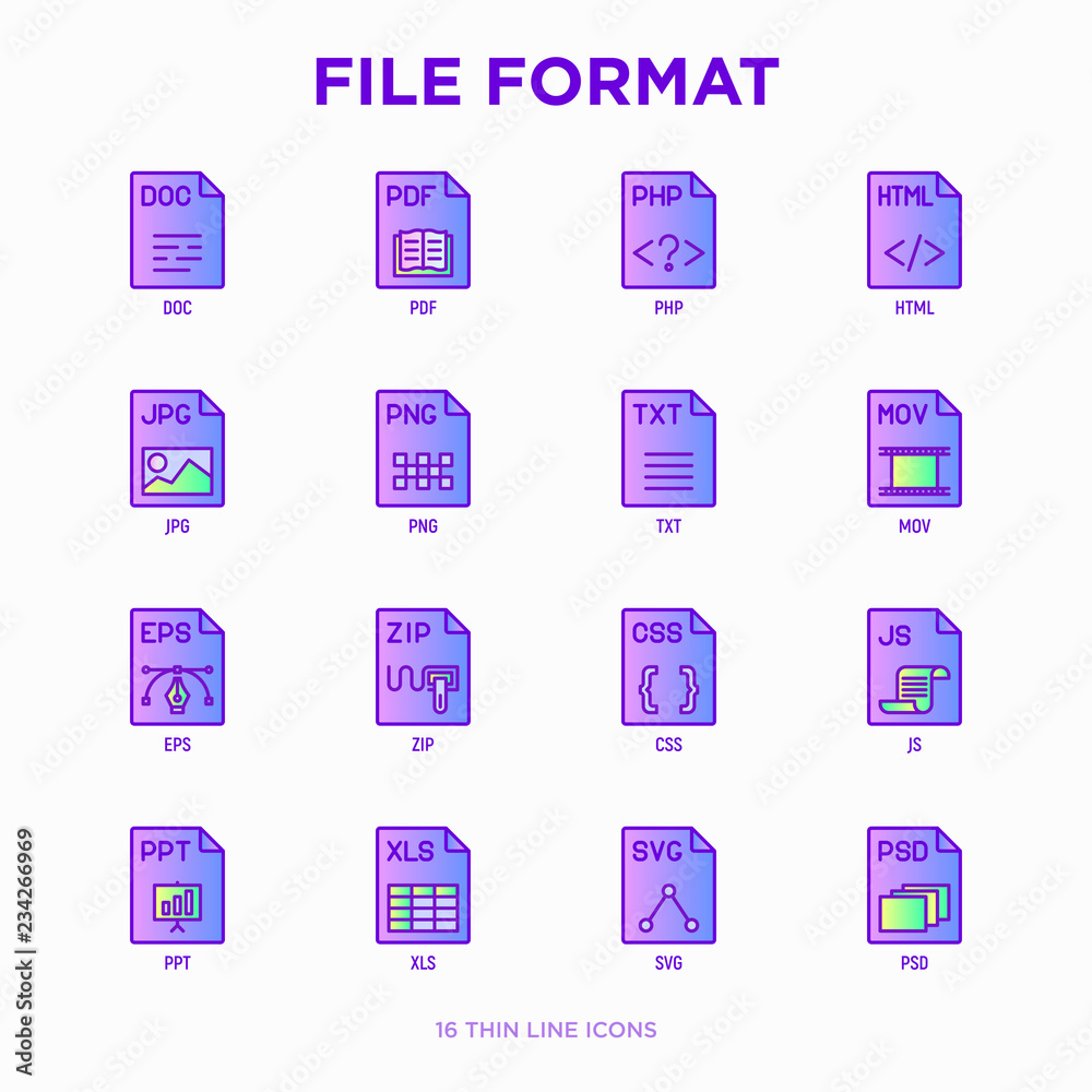 File formats thin line icons set: doc, pdf, php, html, jpg, png, txt, mov, eps, zip, css, js. Modern vector illustration.