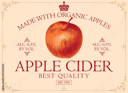 Vector label for apple cider with realistic image of an apple in figured frame in retro style