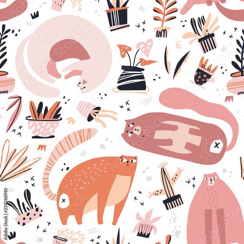Guilty cat flat hand drawn vector seamless pattern.