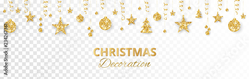 Christmas golden decoration isolated on white background. Holiday vector frame, border.