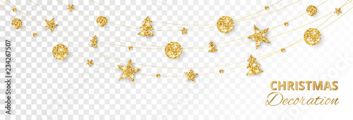 Christmas golden decoration isolated on white background. Holiday vector frame, border.