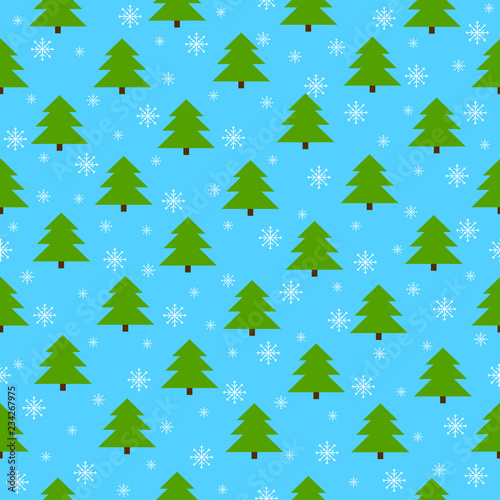 Seamless background with green fir treesand and snowflakes. There are green fir trees on the sky blue background. White snowflakes make the picture cheerful and wintry.