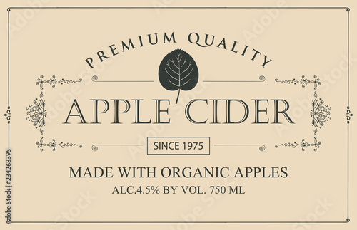 Vector label for apple cider with leaf in figured frame in retro style on the beige background