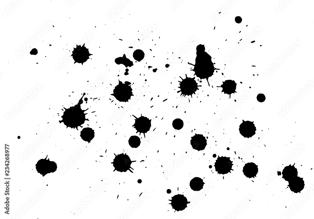 set or collection of vector black ink spash splashed on a canvas or paper or white background for artistic, messy, grunge, creative decoration