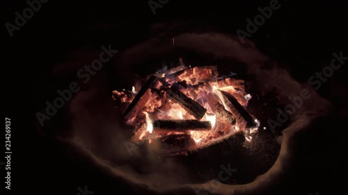 Bonfire in snowy woods at night