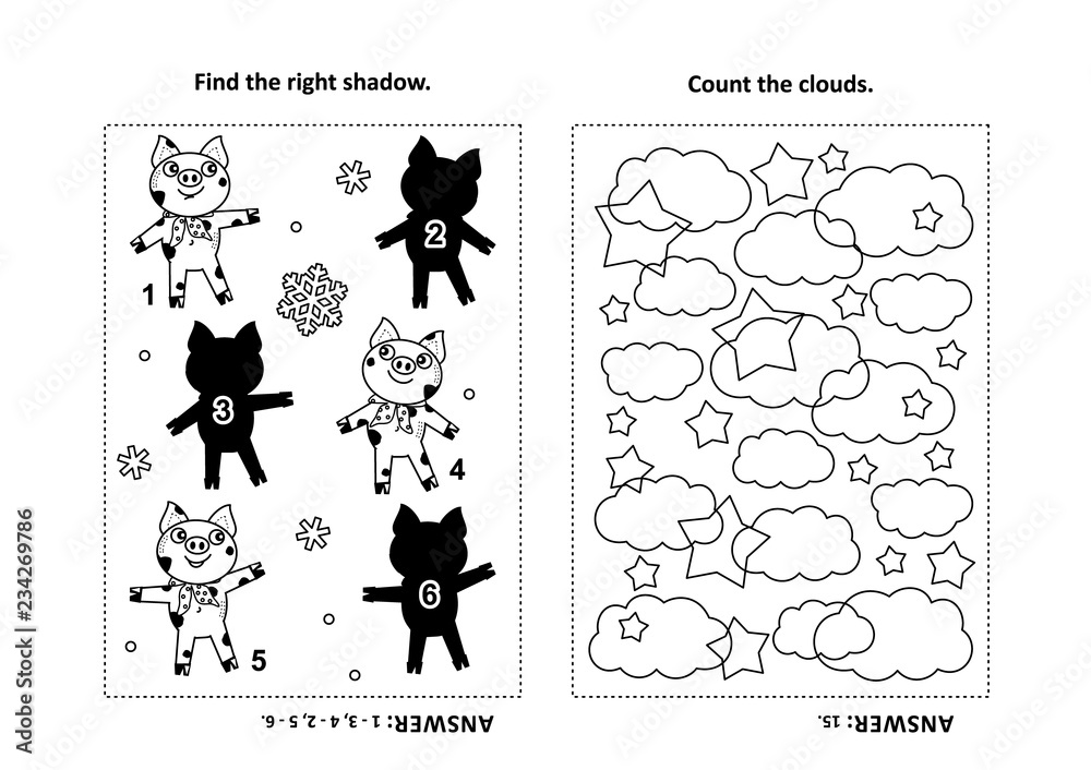 Two visual puzzles and coloring page for kids. Find the shadow for each
