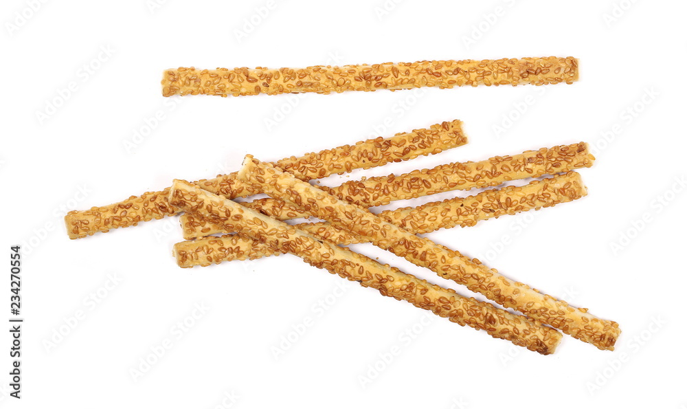 Cracker pretzel bread sticks with sesame isolated on white background, top view Cracker pretzel bread sticks with sesame isolated on white background, top view