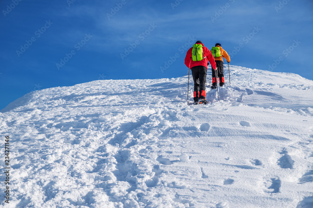 Tourists on their way to the snow-covered mountain top. Winter hiking. Tourists on their way to the snow-covered mountain top. Winter hiking.