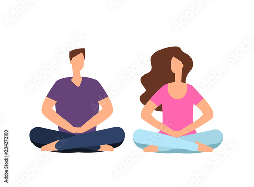 Couple in meditation. Young man, woman relaxing and meditating in yoga pose. Harmonious family relations and friendship vector concept. Meditation woman man, female and male relaxation illustration