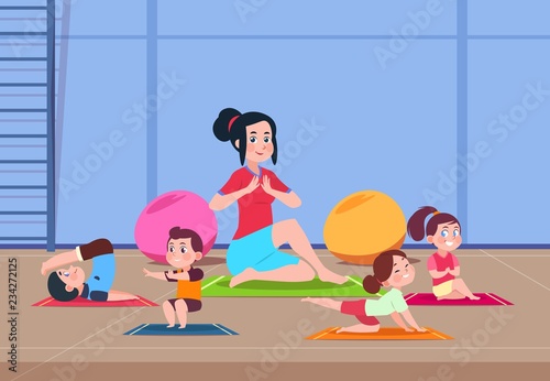 Kids in yoga class. Cartoon children with instructor doing yoga exercises in gym interior. Healthy lifestyle vector concept. Illustration of yoga exercise kids class