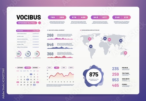Infographic dashboard template. Ui ux design with charts, graphs and diagrams. Admin dashboard business vector mockup. Information chart report, diagram and ui illustration