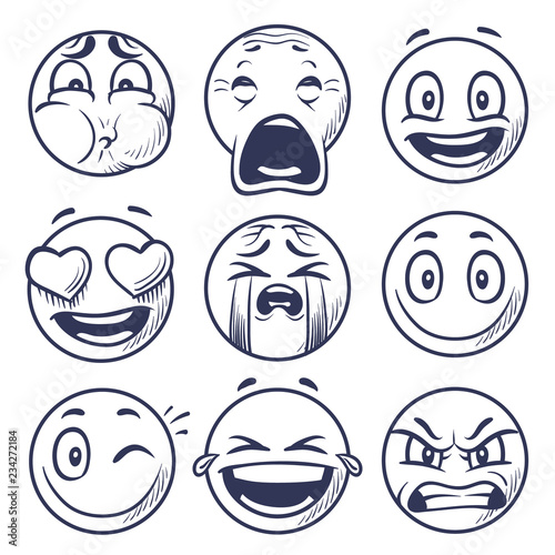 Sketch smiley. Smile expression icons, emoticons faces. Hand draw vector mood characters. Sketch face smiley mood, smile character emoticon illustration