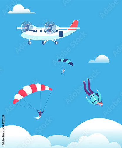 Skydiving concept. Parachutists jumping out of plane in blue sky. People skydivers vector illustration. Parachutist skydiving, parachute jump