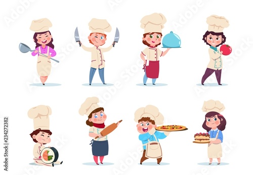 Chef kids. Little smiling boy and girl kitchen workers with dishes and cooking tools. Cartoon children cooks vector set. Illustration of chef girl and boy, kids with dish