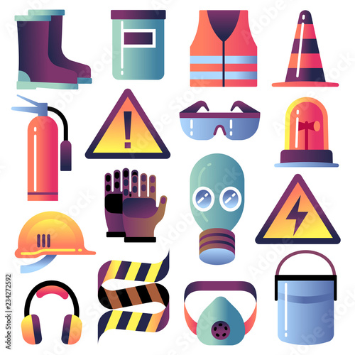 Safety equipment. Personal protection for construction works. Helmet, glove and glasses. Safety job vector icons. Illustration of helmet equipment, work protection and safety