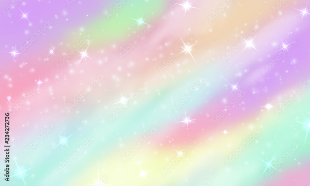 Rainbow unicorn background. Mermaid glittering galaxy in pastel colors with  stars bokeh. Magic pink holographic vector backdrop. Illustration of magic  pattern, rainbow universe, cosmic unicorn Stock Vector | Adobe Stock