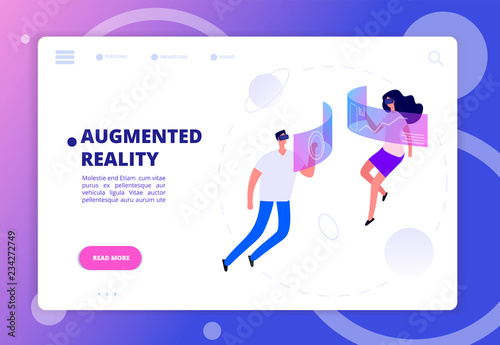 Augmented reality concept. Persons in vr headsets and goggles. Futuristic virtual reality vector banner man and woman fly in cyberspace illustration