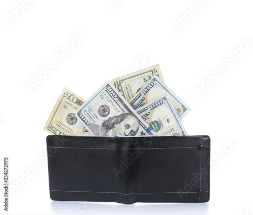 Black wallet with dollars isolated on white.