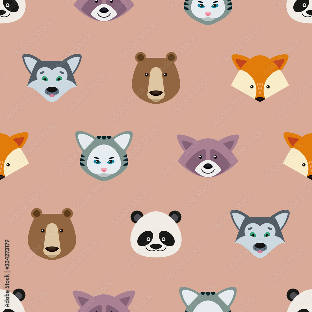 Cartoon vector seamless background. Cute pattern with wild animals. Nature, animal, wildlife zoo, reserve theme