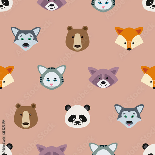 Fototapeta Naklejka Na Ścianę i Meble -  Cartoon vector seamless background. Cute pattern with wild animals. Nature, animal, wildlife zoo, reserve theme
