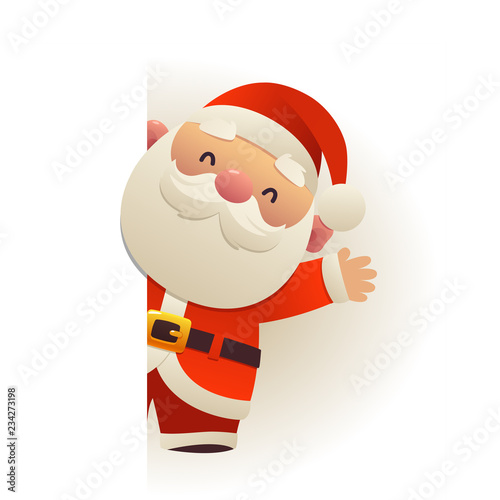 Happy funny Santa Claus behind blank signboard cartoon character with white copy space