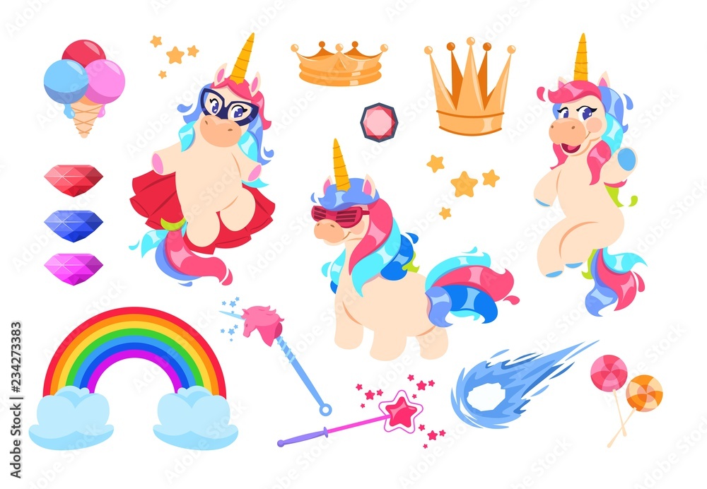 Cute unicorns set. Cartoon rainbow, magic wand and diamonds. Gold crown, stars and ice-cream. Fairy pony unicorn vector stickers. Unicorn and rainbow, magic and crown, diamond and wand illustration Cute unicorns set. Cartoon rainbow, magic wand and diamonds. Gold crown, stars and ice-cream. Fairy pony unicorn vector stickers. Unicorn and rainbow, magic and crown, diamond and wand illustration