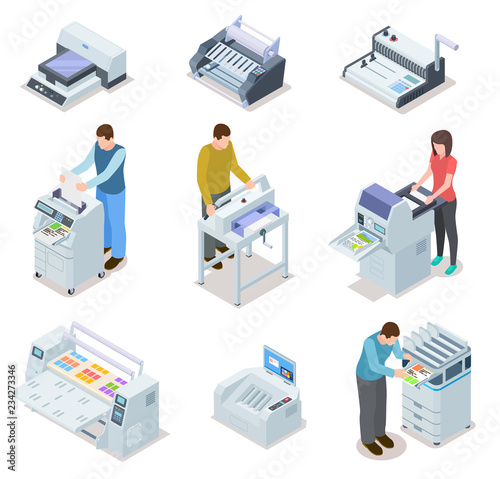 Printing house equipment. Printer plotter, offset cutting machines and people workers. Industrial polygraphy isometric vector icons. Illustration of equipment printer and polygraphy device