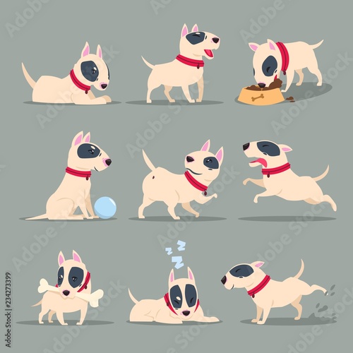 Dog in day activity. Funny cartoon puppy daily routine. Cute dog pet animal vector character set. Happy dog and pet, animal activity friendly illustration