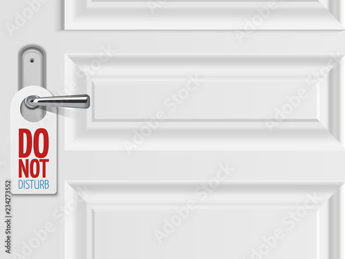 Do not disturb vector concept. White door background with realistic metallic door handle with plastic blank. Not disturb in hotel room, closed door illustration