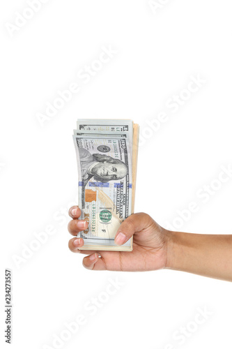 Woman hand holding dollar bill isolated on white background