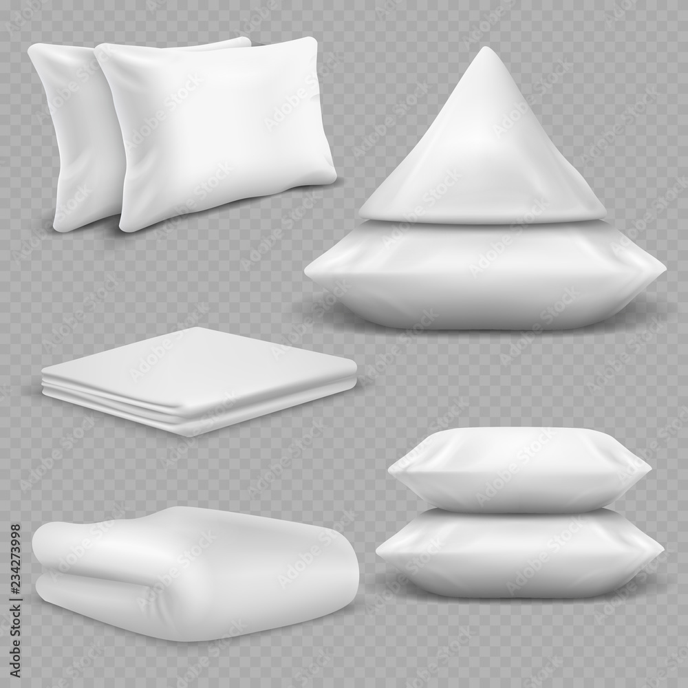White realistic pillows and blankets isolated on transparent background. Vector blanket and pillow for bedroom, comfortable bedding textile illustration White realistic pillows and blankets isolated on transparent background. Vector blanket and pillow for bedroom, comfortable bedding textile illustration