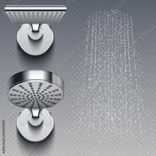 Realistic shower metal heads and trickles of water vector illustration isolated on transparent background. Shower for bathroom, head chrome realistic photo