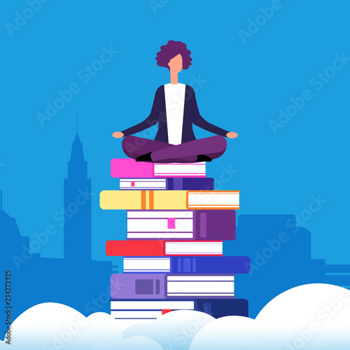 Self education vector concept. Woman sitting in lotus position on the books above the clouds. Illustration of girl character sit on books literature