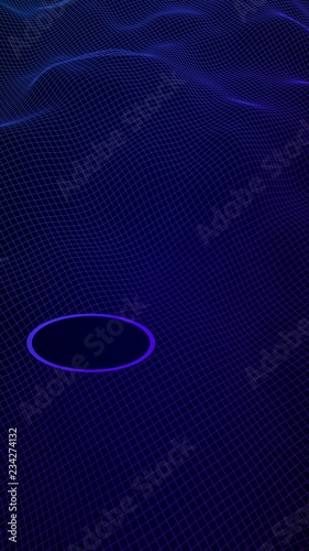 Abstract landscape on a blue background. Cyberspace grid. Mockup. Hi-tech network, technology. Vertical image orientation. 3D illustration
