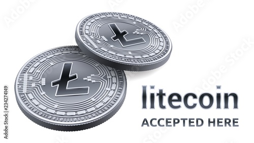 Litecoin. Accepted sign emblem. Crypto currency. Silver coins with Litecoin symbol isolated on white background. 3D isometric Physical coins with text Accepted Here. Vector illustration.
