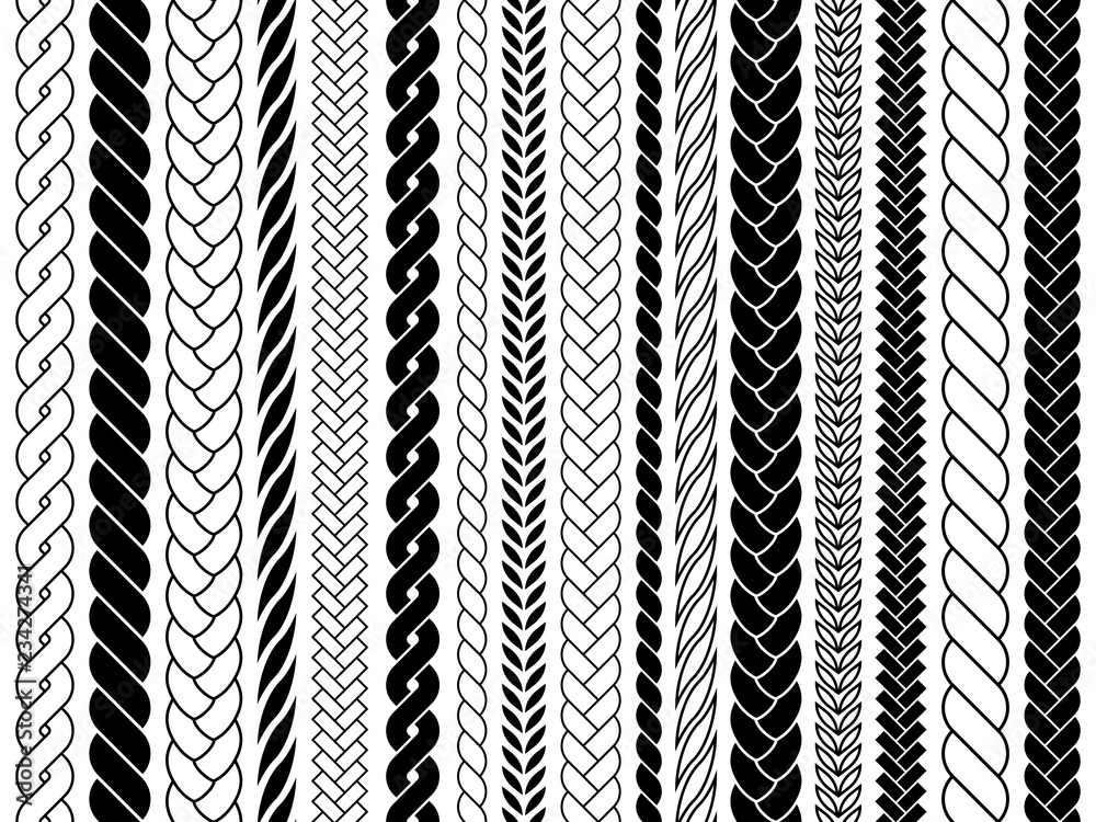Plaits and braids pattern brushes. Knitting, braided ropes vector isolated  collection. Braid pattern decoration, fabric textile ornament illustration  Stock Vector