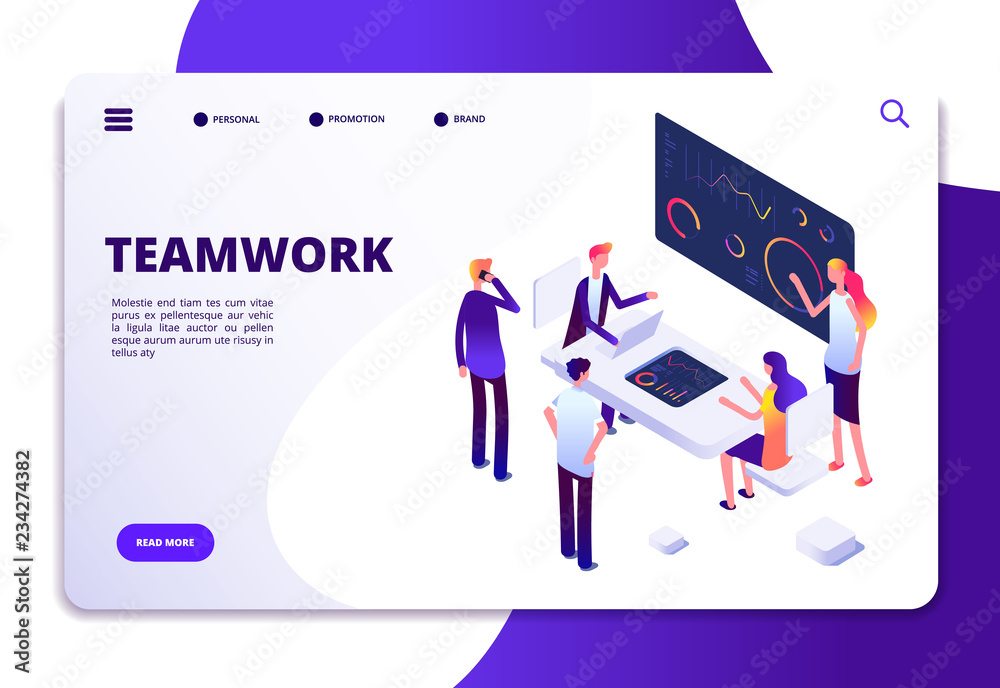 Teamwork isometric landing page. Cartoon business people working at office desk with computers. Business workspace vector concept. Illustration of teamwork page and 3d team characters
